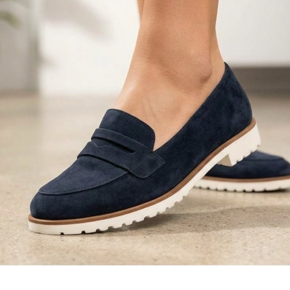 Paul Green Carmela Blue Suede Penny Loafers Super Soft  Navy Flats  US 6